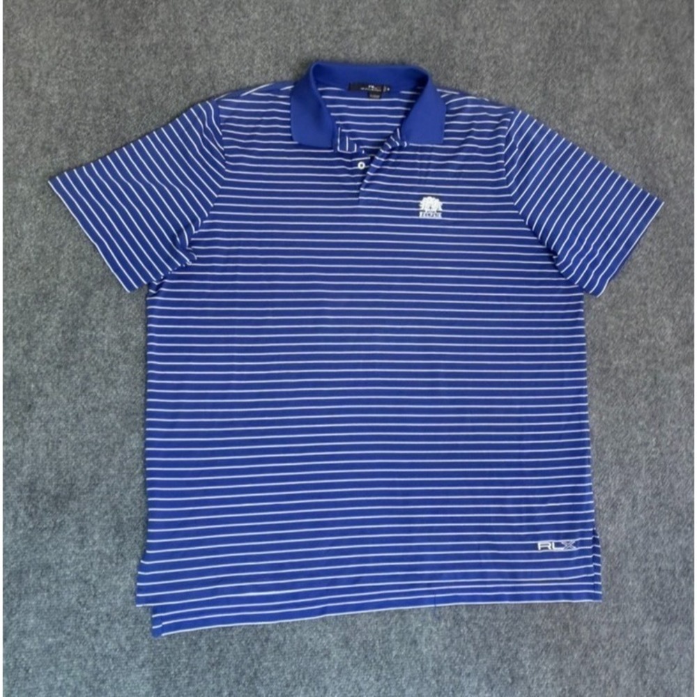 RLX Ralph Lauren Golf Polo Shirt Men Striped Blue White Size XXL W/Belfair Logo